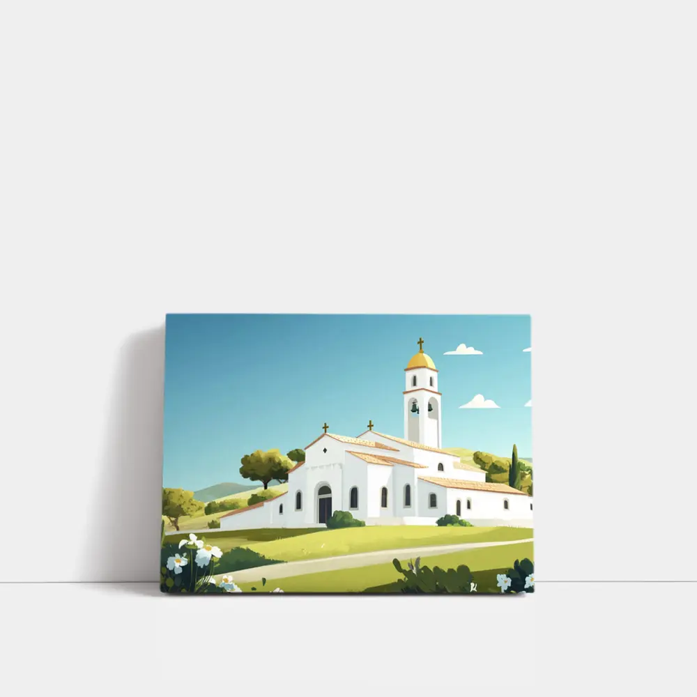 White Church Bell Tower Green Hills Illustration – Wall Art