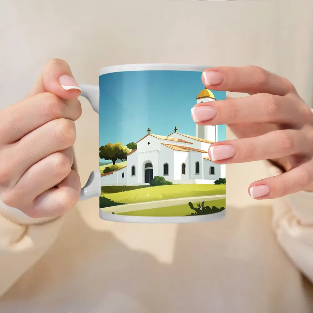 White Church Bell Tower Green Hills Illustration – Mugs