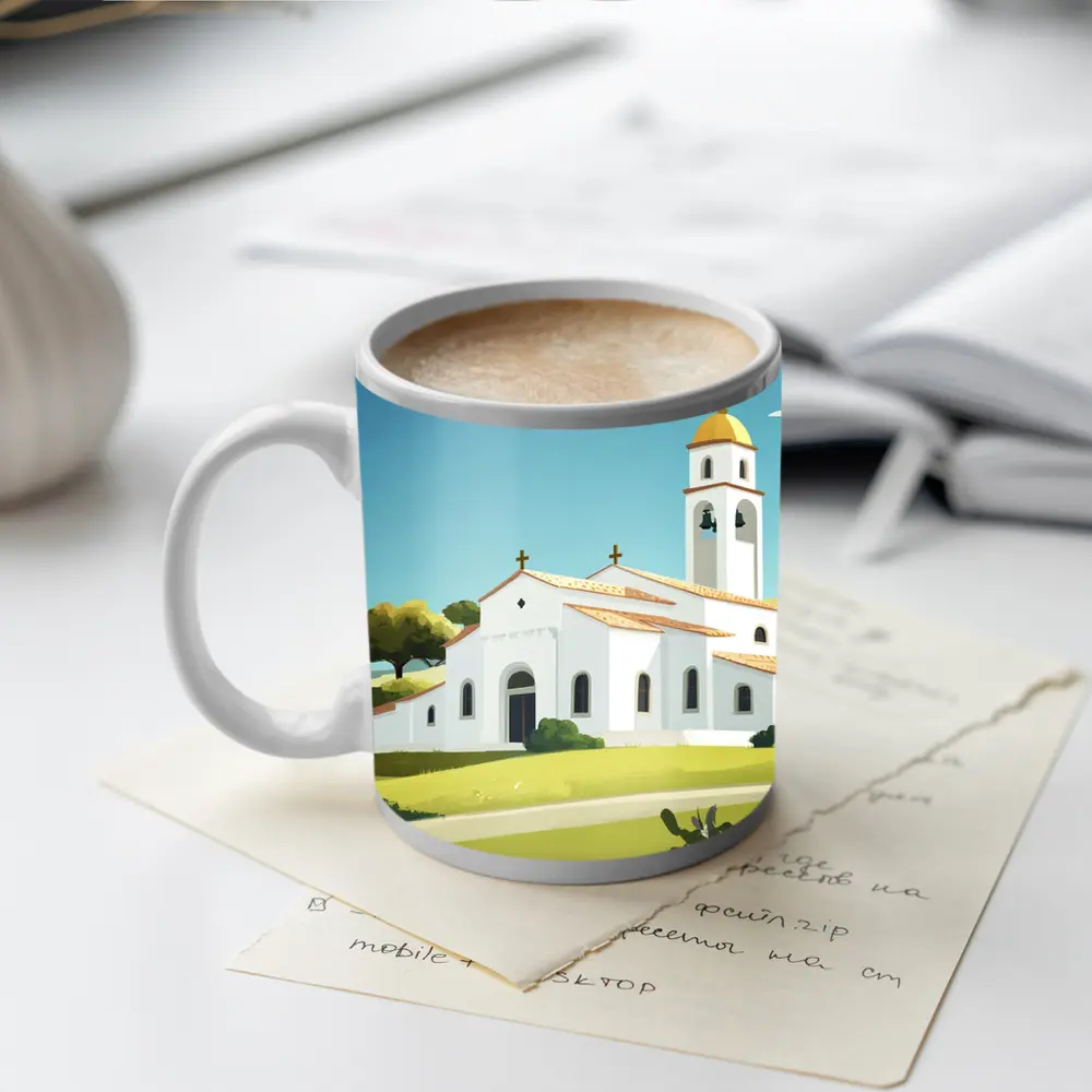 White Church Bell Tower Green Hills Illustration – Mugs