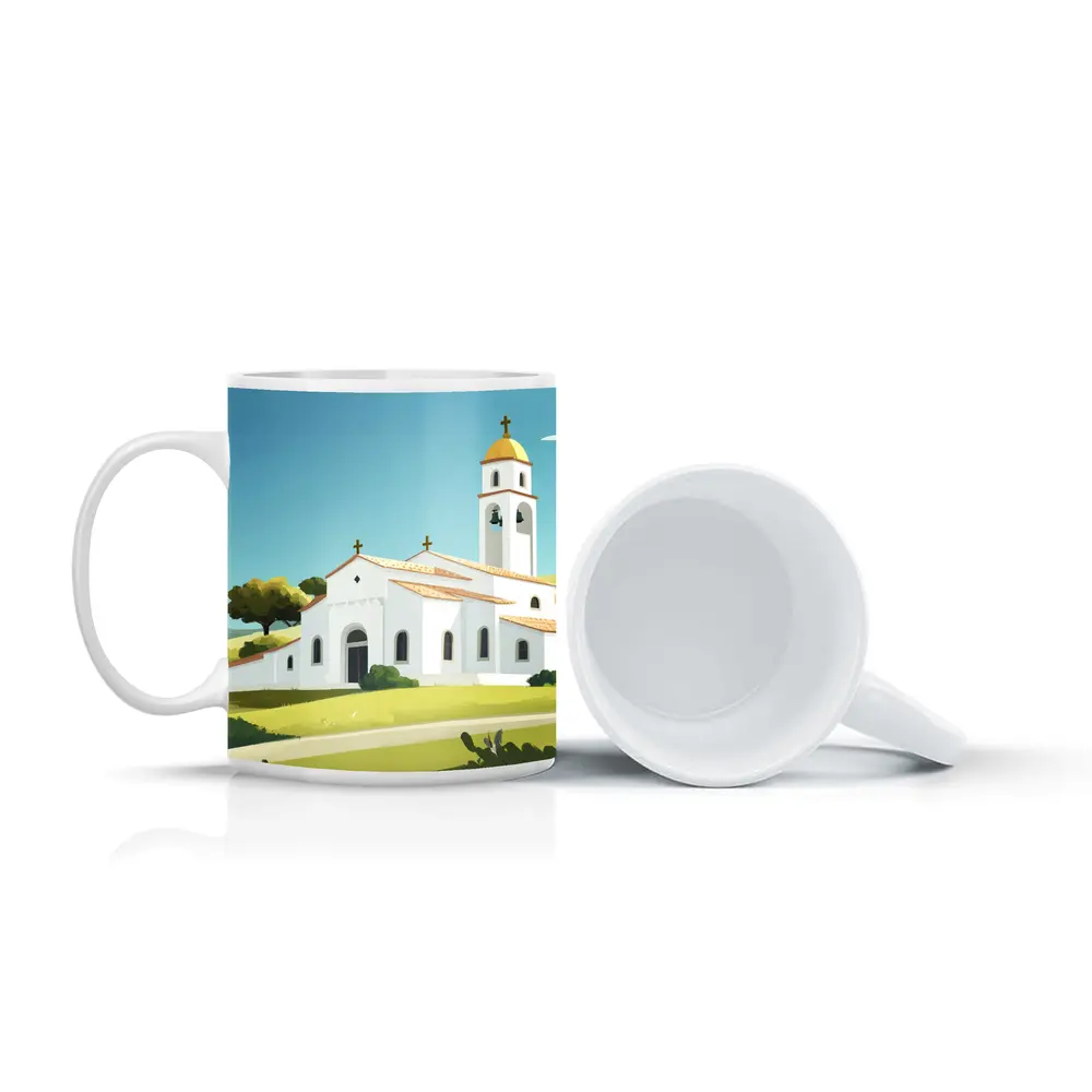 White Church Bell Tower Green Hills Illustration – Mugs