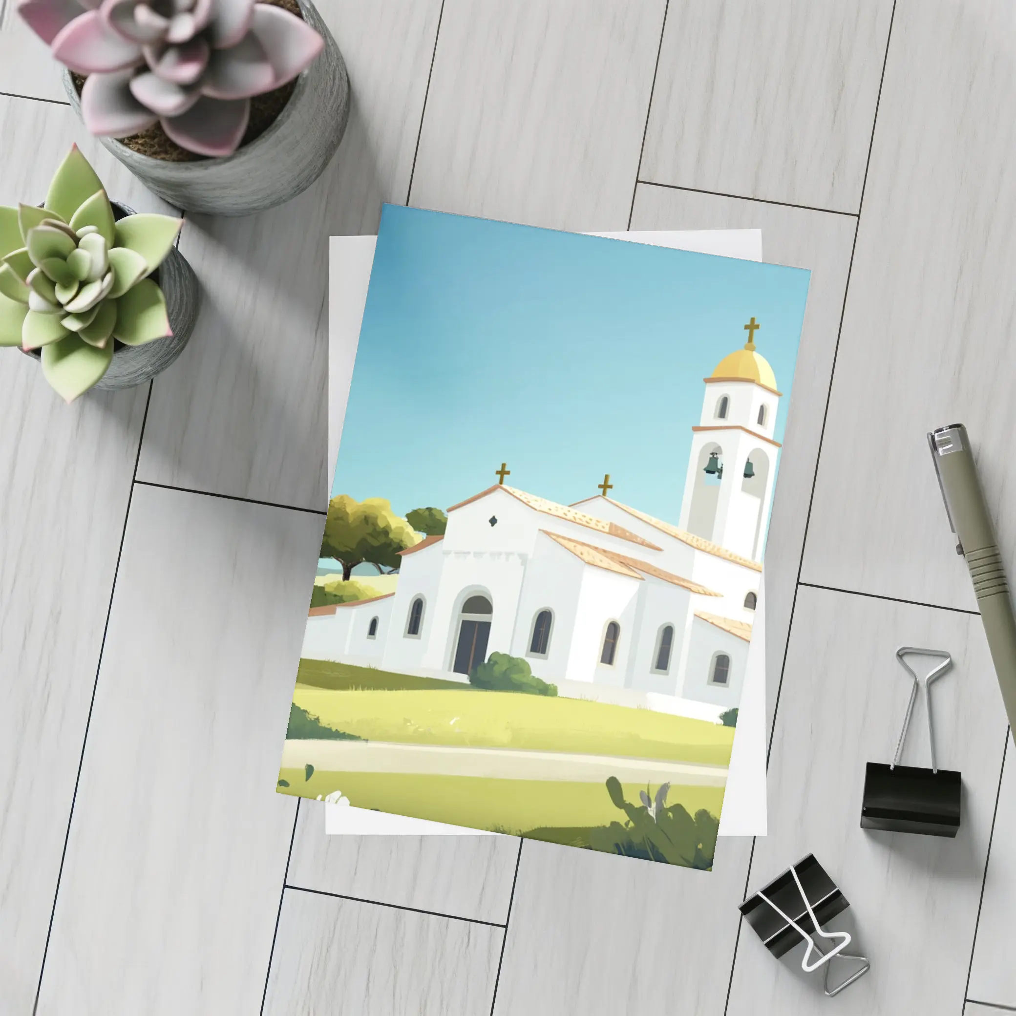 White Church Bell Tower Green Hills Illustration – Postcards