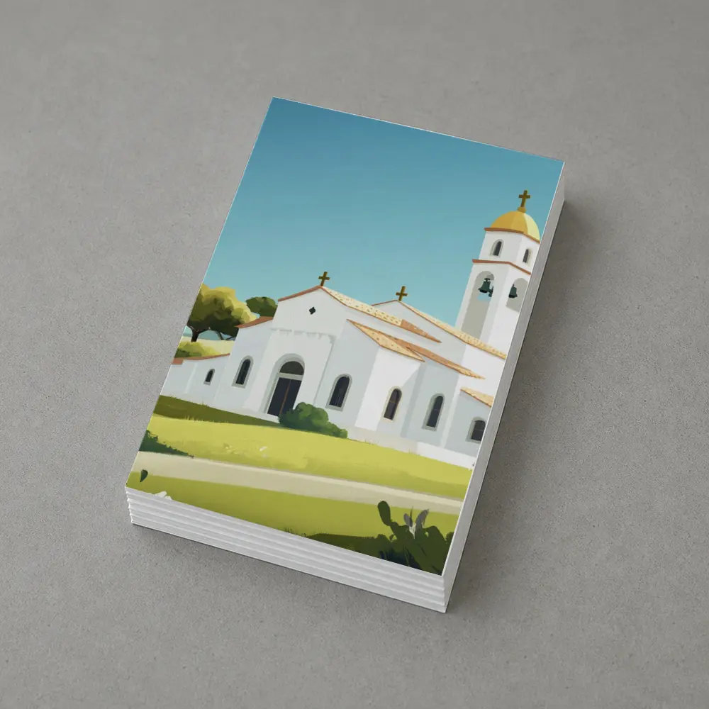 White Church Bell Tower Green Hills Illustration – Postcards