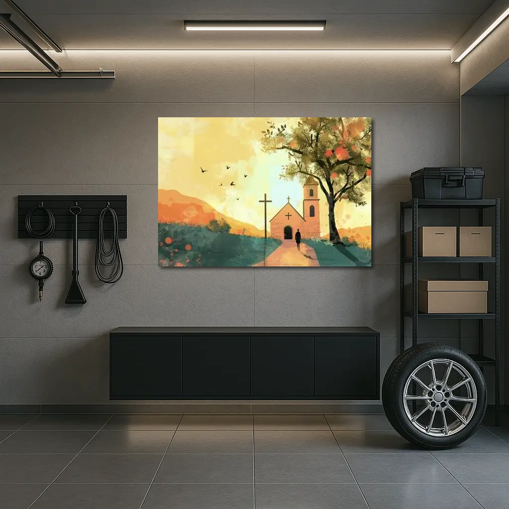 Church Cross Illustration Warm Autumn Landscape – Wall Art