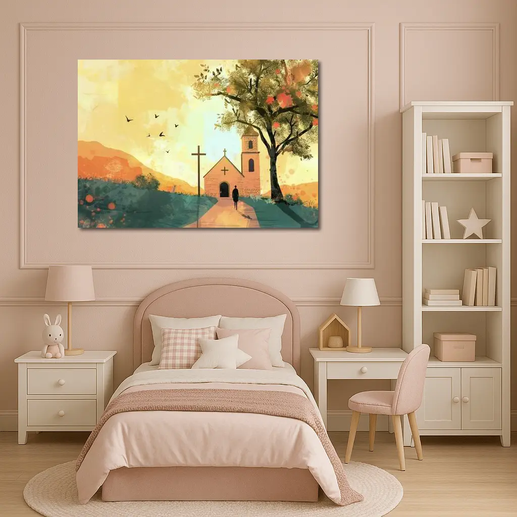 Church Cross Illustration Warm Autumn Landscape – Wall Art