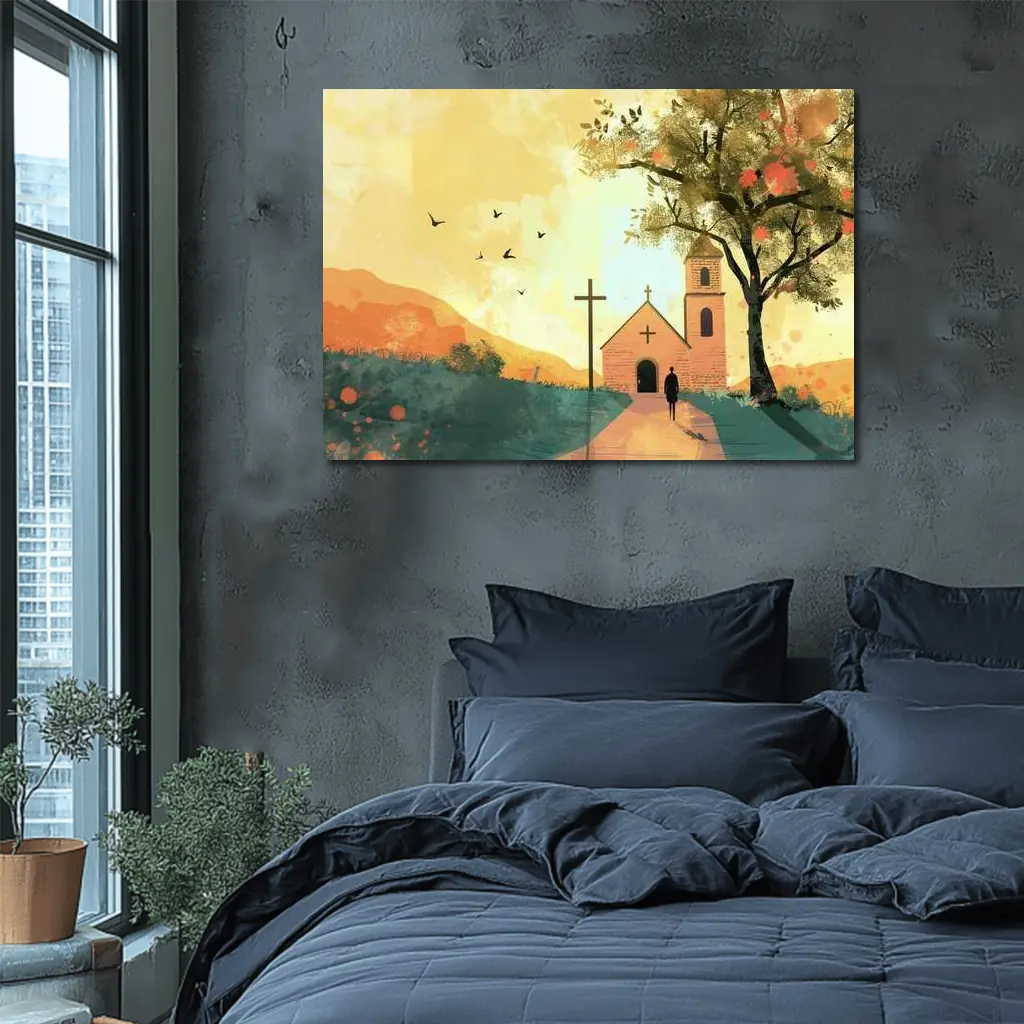 Church Cross Illustration Warm Autumn Landscape – Wall Art