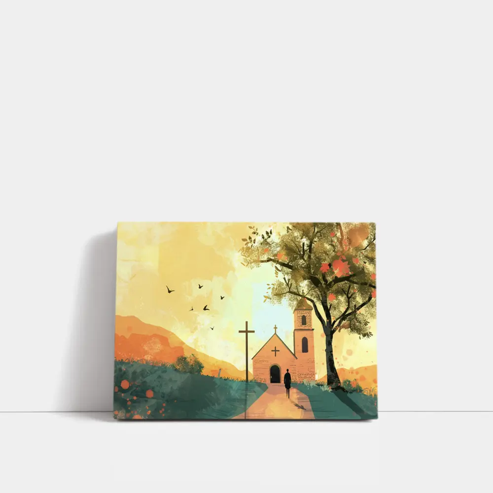 Church Cross Illustration Warm Autumn Landscape – Wall Art