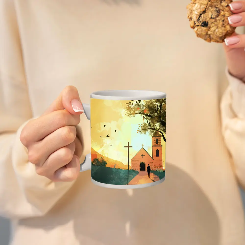 Church Cross Illustration Warm Autumn Landscape – Mugs