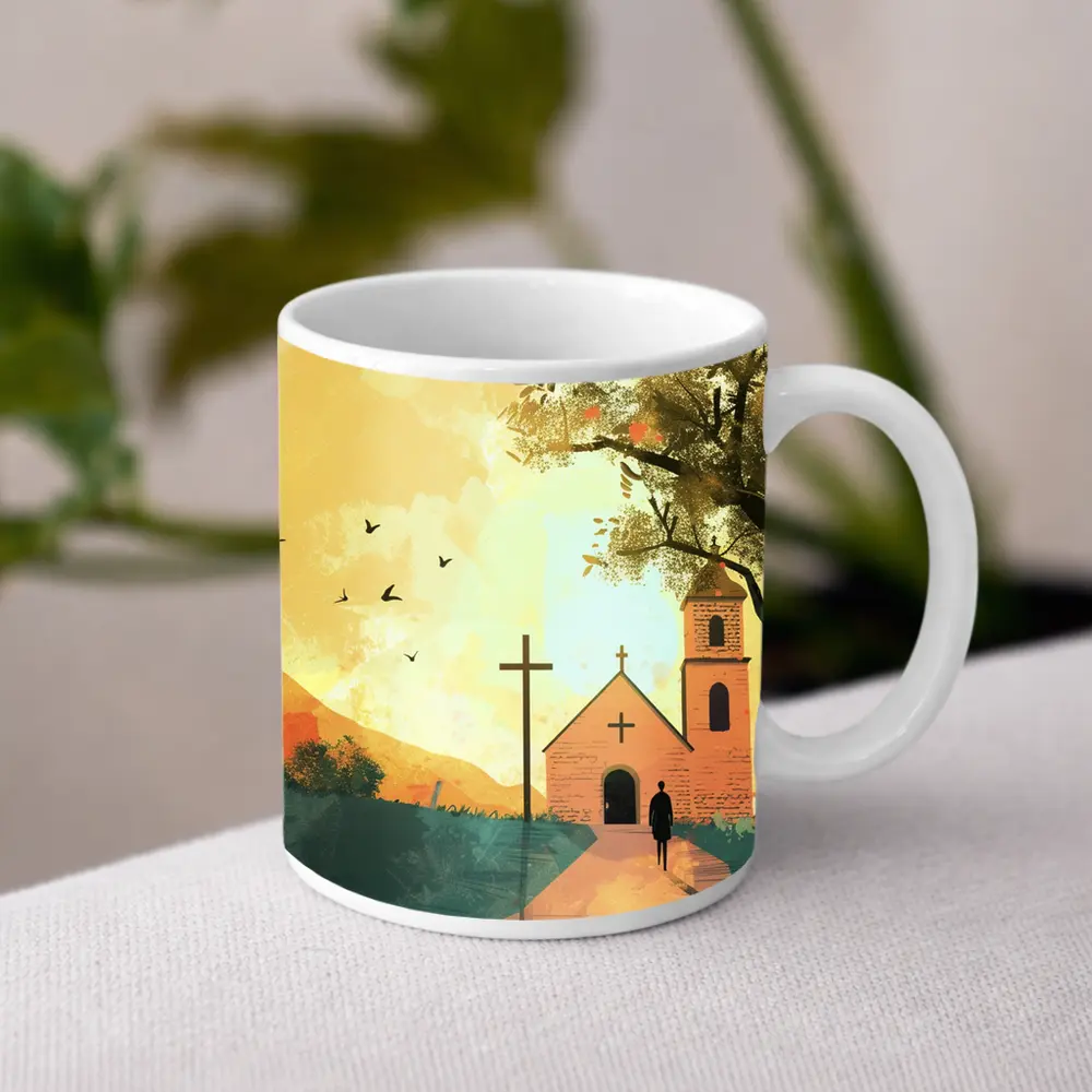 Church Cross Illustration Warm Autumn Landscape – Mugs