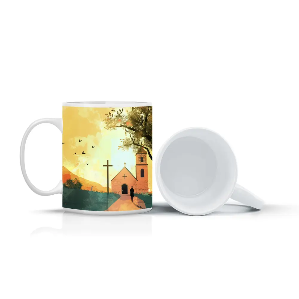Church Cross Illustration Warm Autumn Landscape – Mugs