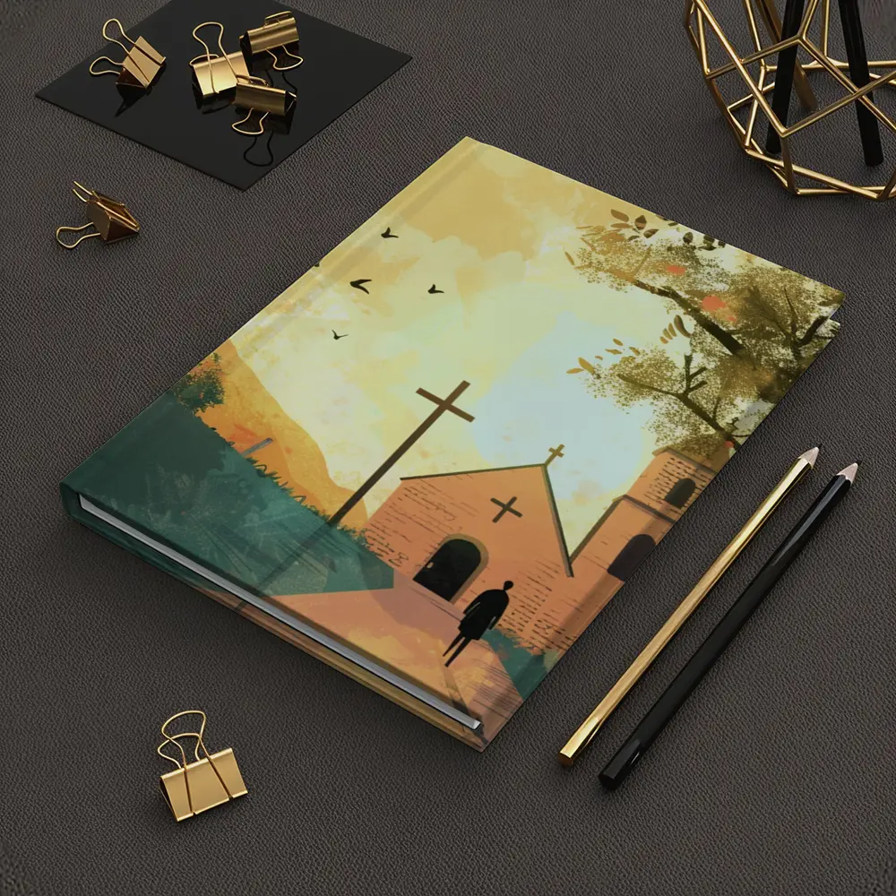 Church Cross Illustration Warm Autumn Landscape – Notebooks