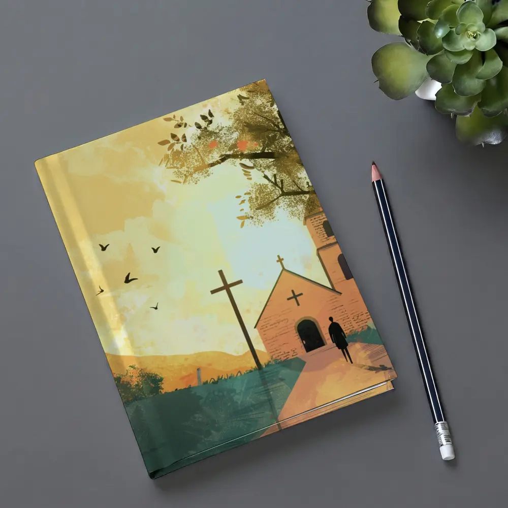 Church Cross Illustration Warm Autumn Landscape – Notebooks