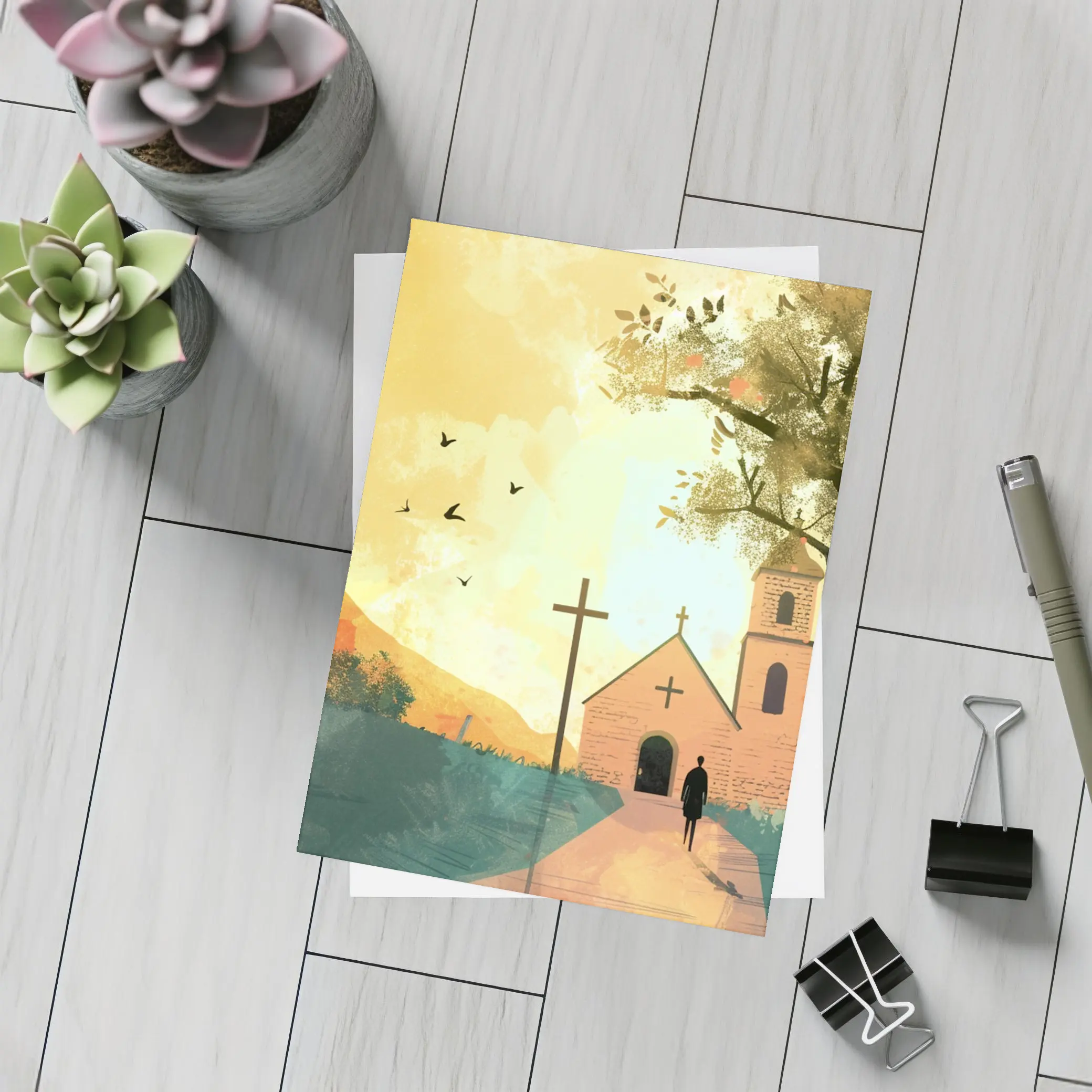 Church Cross Illustration Warm Autumn Landscape – Postcards