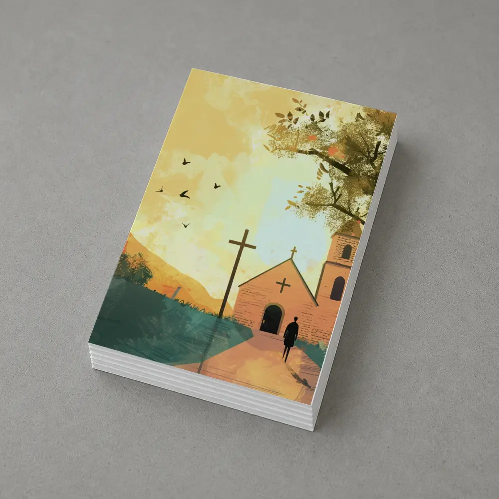 Church Cross Illustration Warm Autumn Landscape – Postcards
