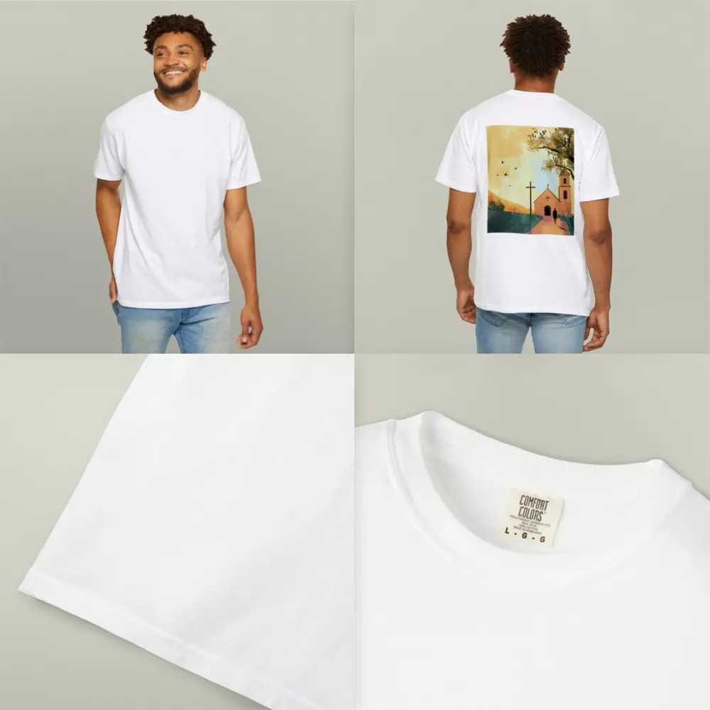 Church Cross Illustration Warm Autumn Landscape – T-Shirts
