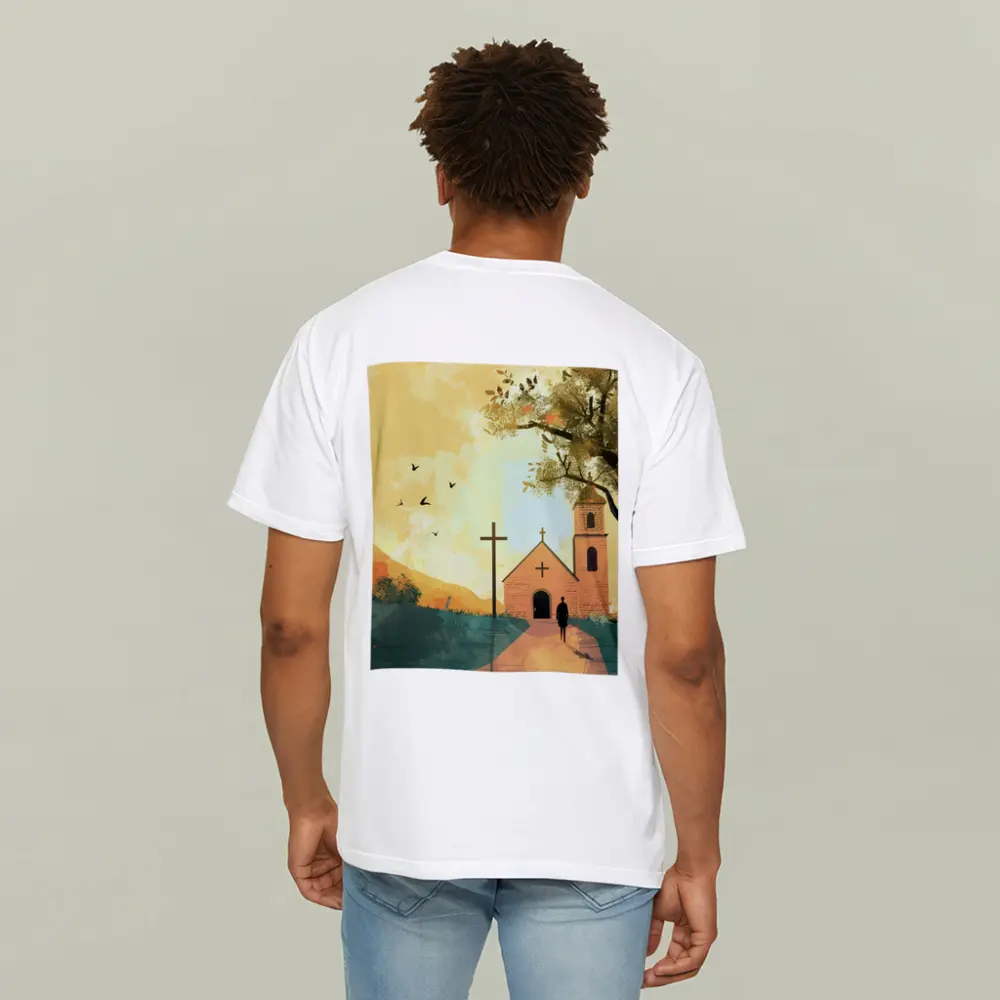 Church Cross Illustration Warm Autumn Landscape – T-Shirts