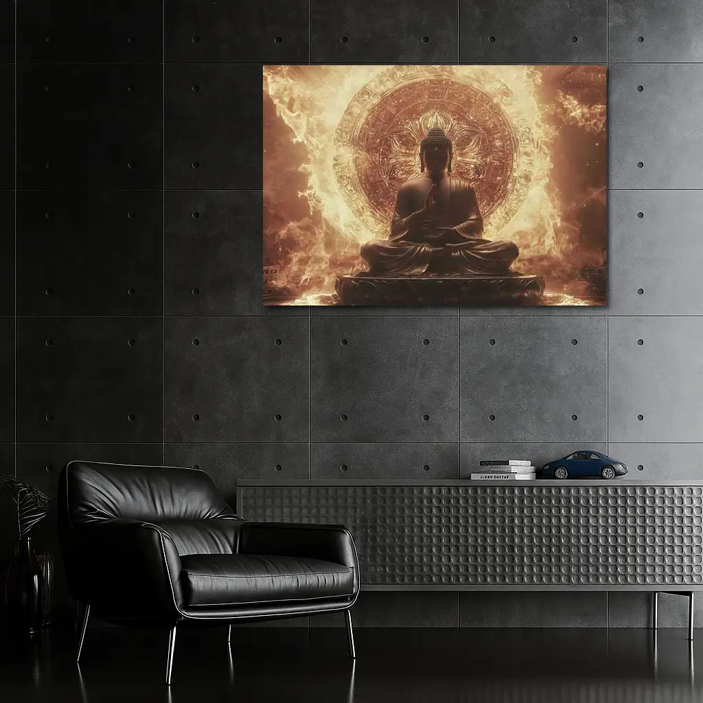 Buddha Statue Golden Mandala Fire Background – Wall Art