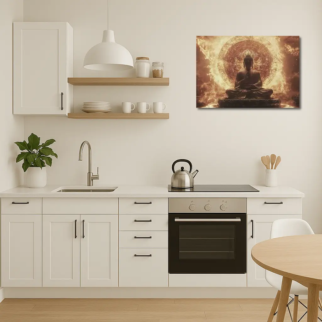 Buddha Statue Golden Mandala Fire Background – Wall Art