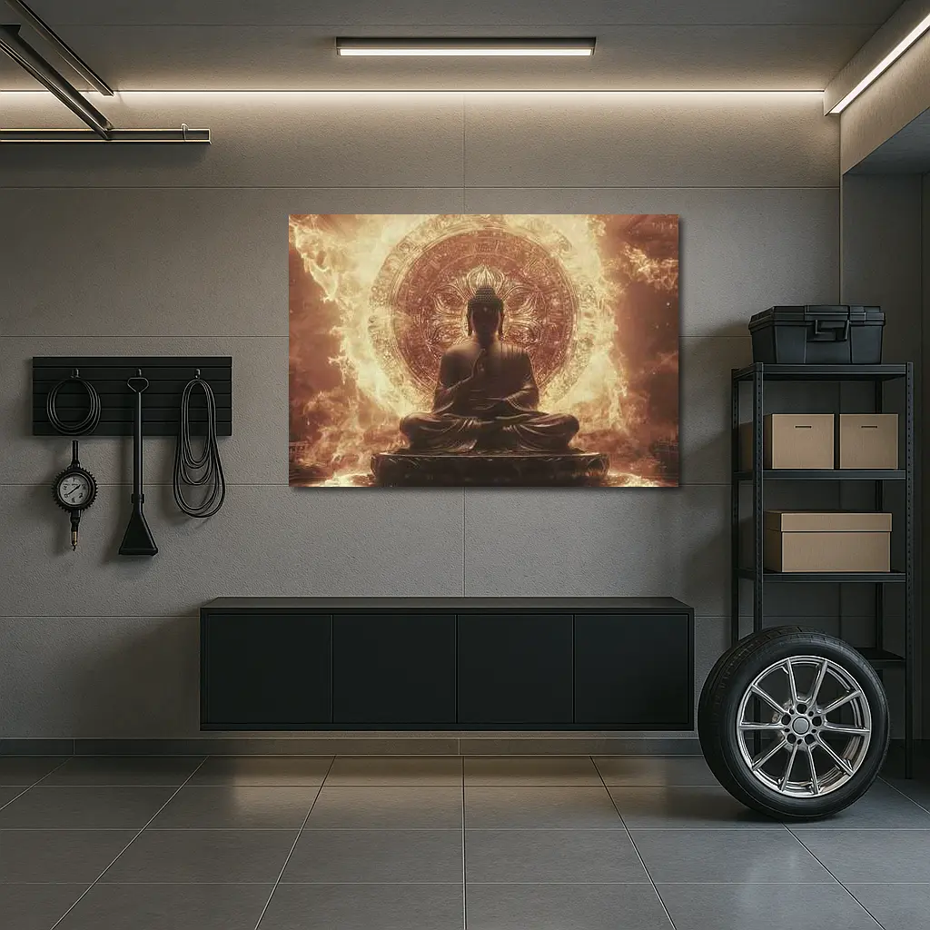 Buddha Statue Golden Mandala Fire Background – Wall Art