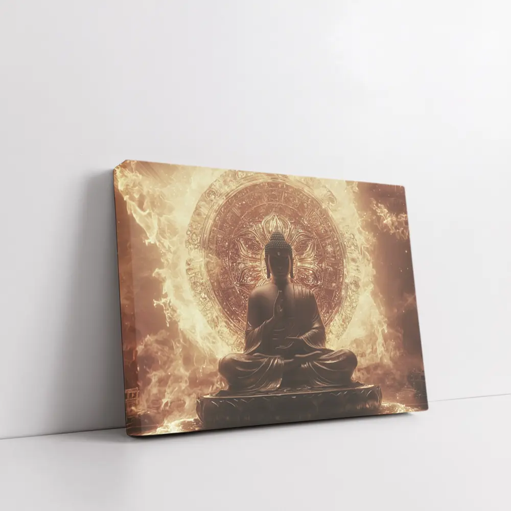 Buddha Statue Golden Mandala Fire Background – Wall Art