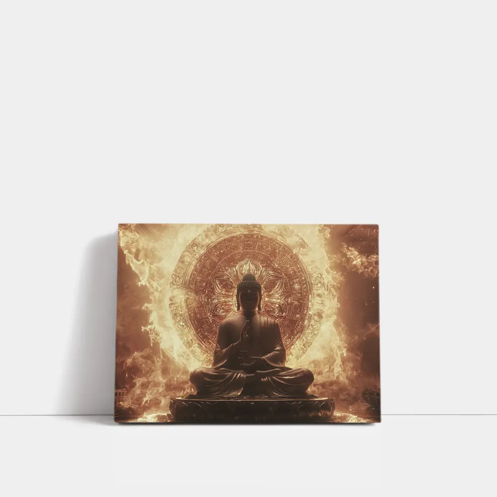 Buddha Statue Golden Mandala Fire Background – Wall Art