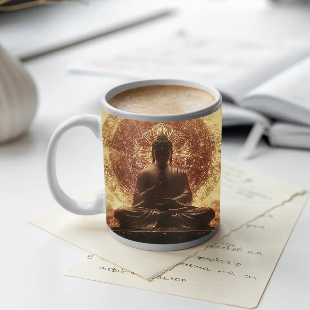 Buddha Statue Golden Mandala Fire Background – Mugs