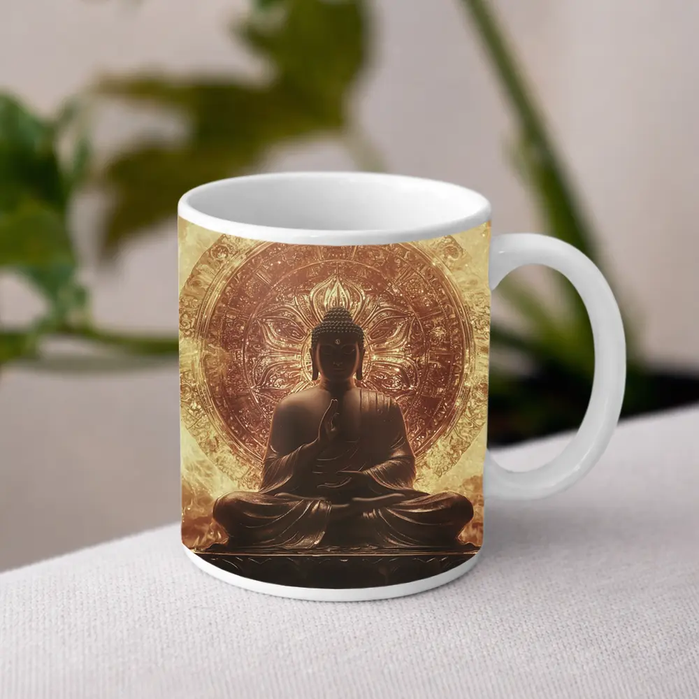 Buddha Statue Golden Mandala Fire Background – Mugs