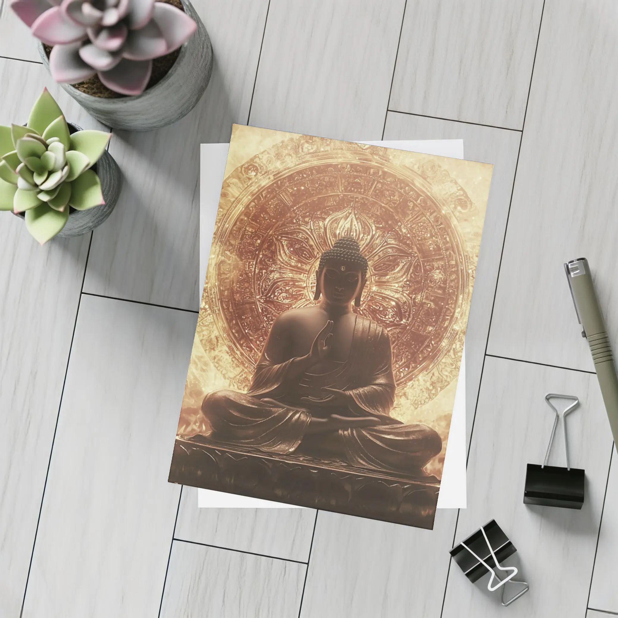 Buddha Statue Golden Mandala Fire Background – Postcards