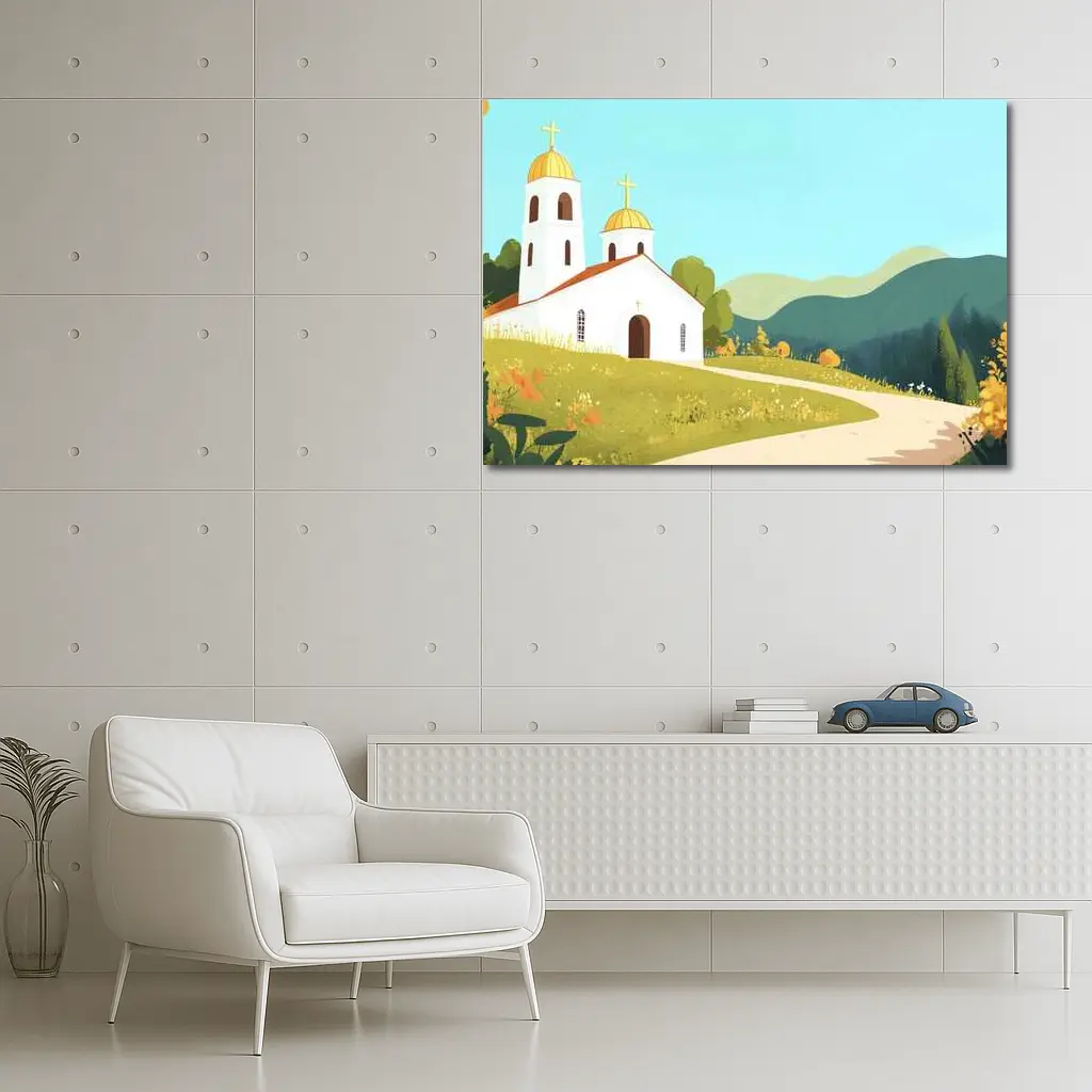 White Church Golden Domes Green Hills Illustration – Wall Art