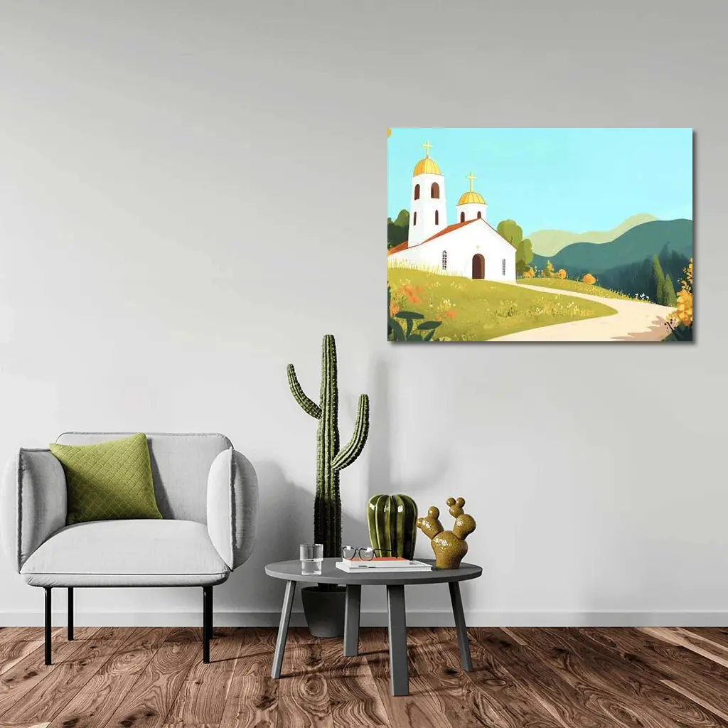 White Church Golden Domes Green Hills Illustration – Wall Art