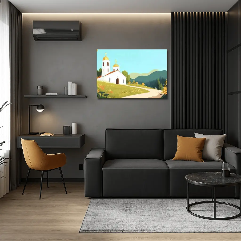 White Church Golden Domes Green Hills Illustration – Wall Art