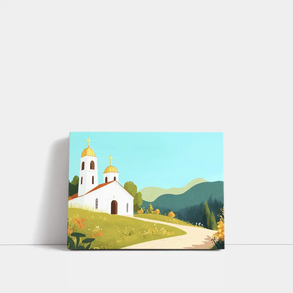 White Church Golden Domes Green Hills Illustration – Wall Art