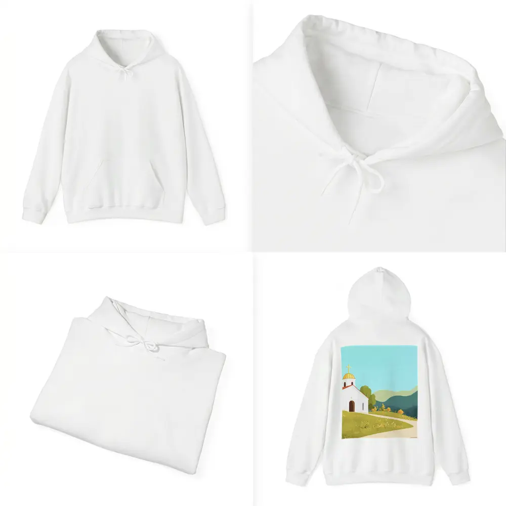 White Church Golden Domes Green Hills Illustration – Hoodies