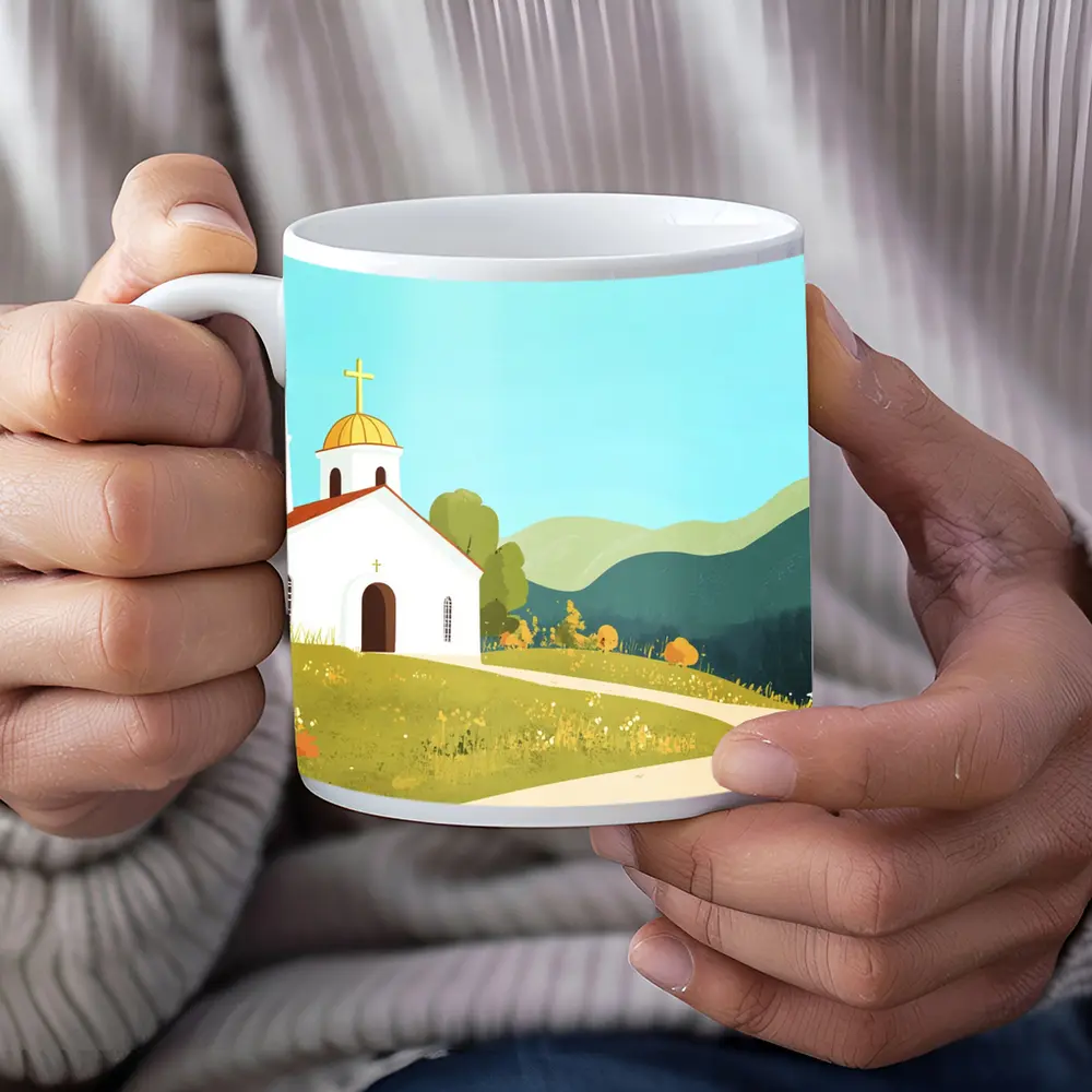 White Church Golden Domes Green Hills Illustration – Mugs
