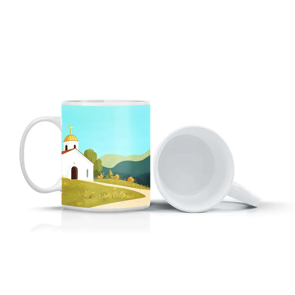 White Church Golden Domes Green Hills Illustration – Mugs