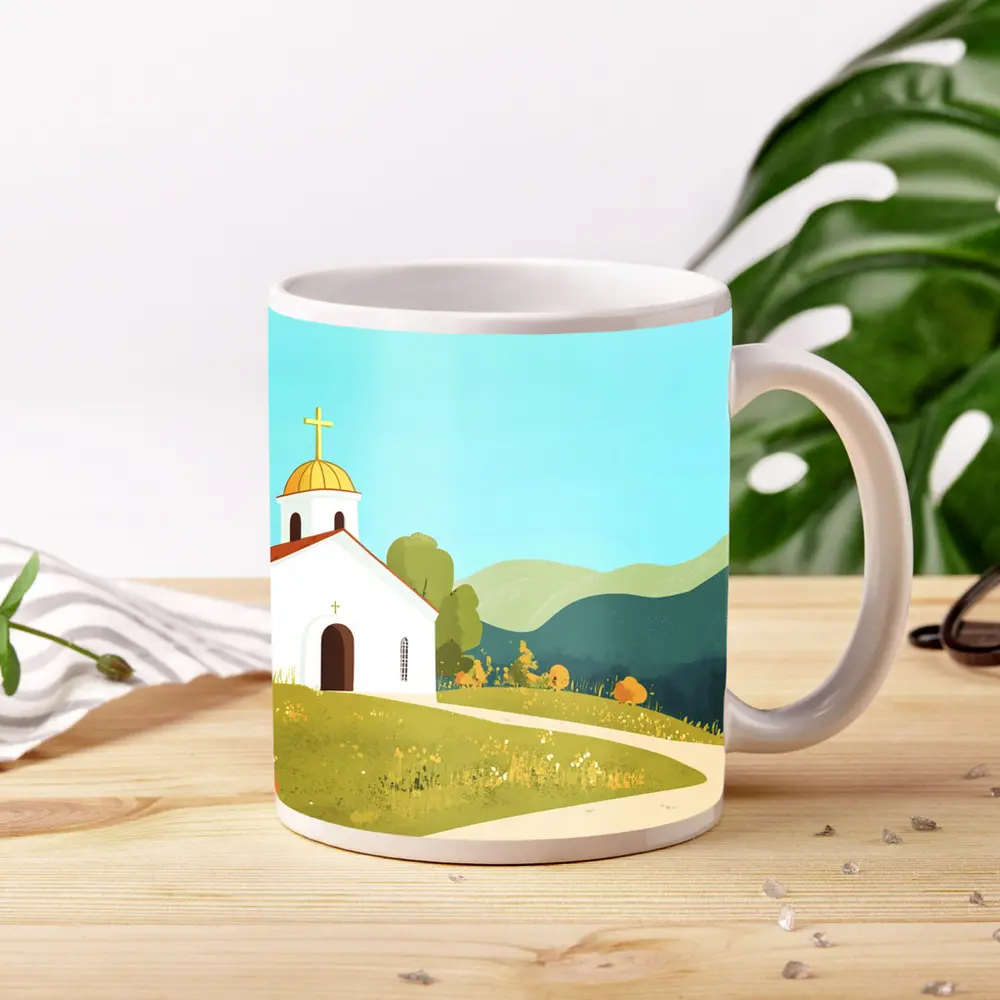 White Church Golden Domes Green Hills Illustration – Mugs