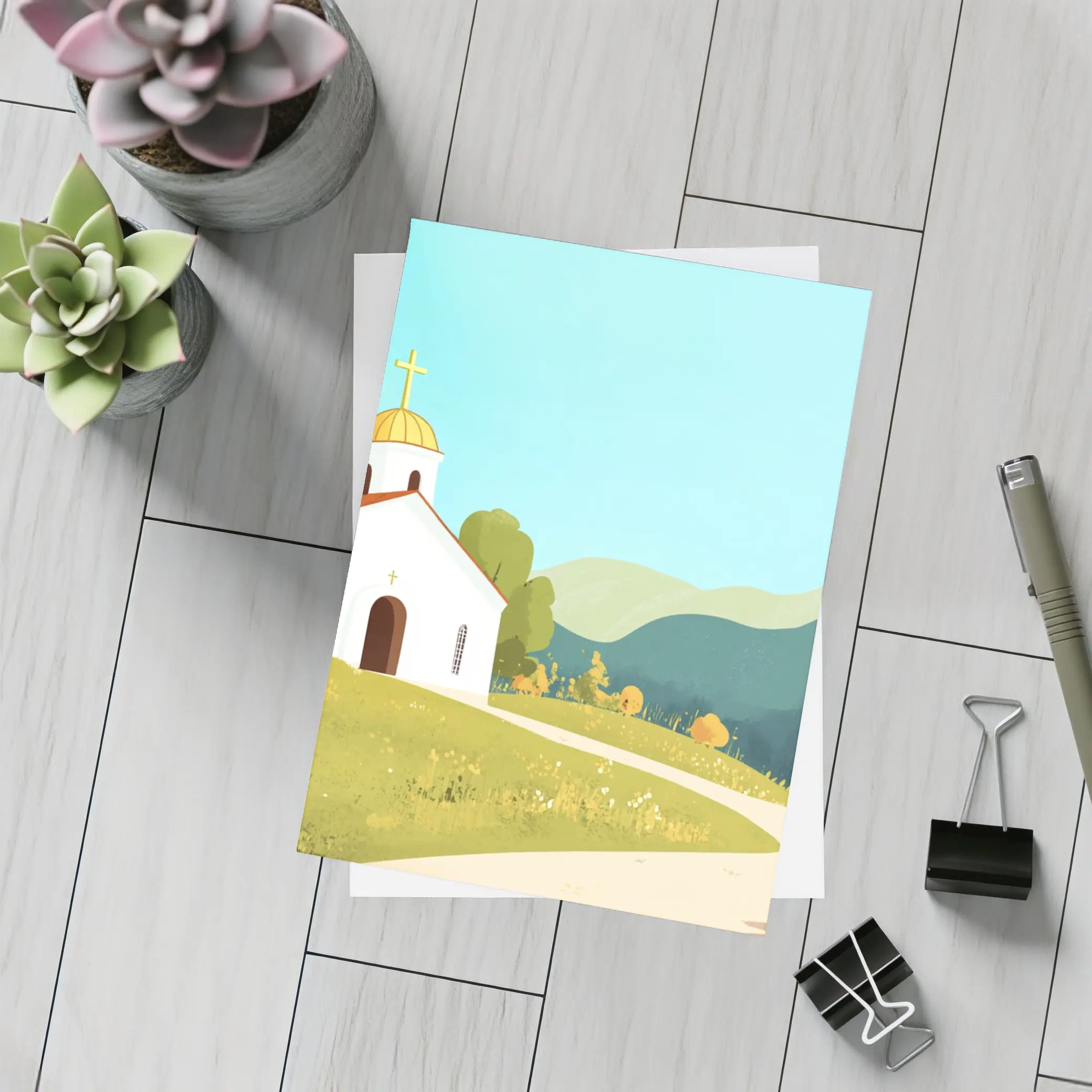 White Church Golden Domes Green Hills Illustration – Postcards