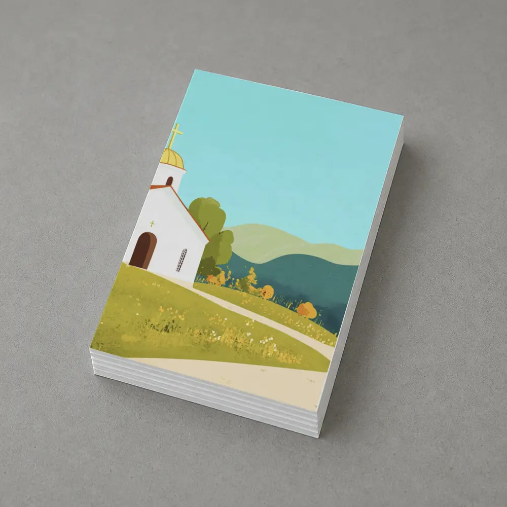 White Church Golden Domes Green Hills Illustration – Postcards