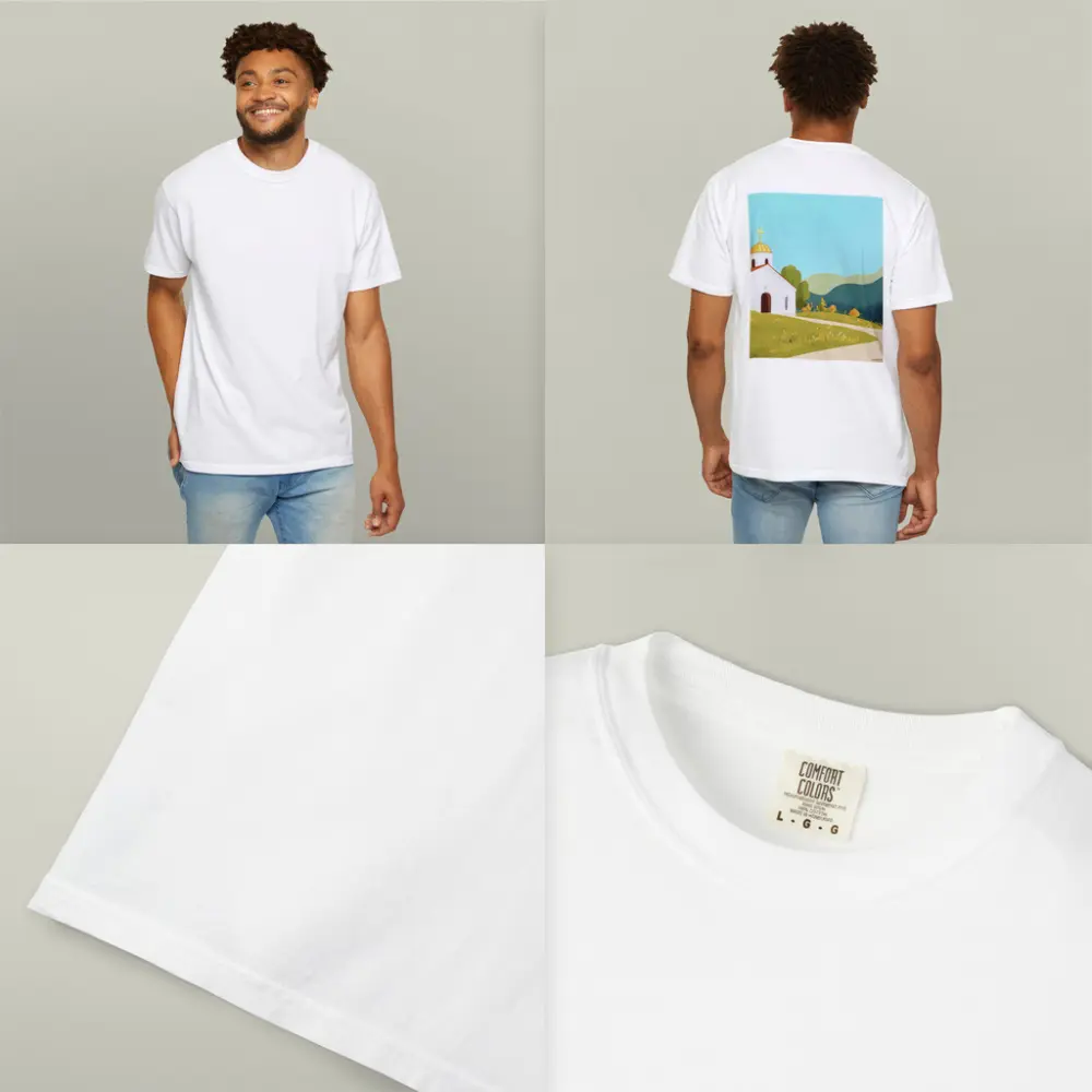 White Church Golden Domes Green Hills Illustration – T-Shirts