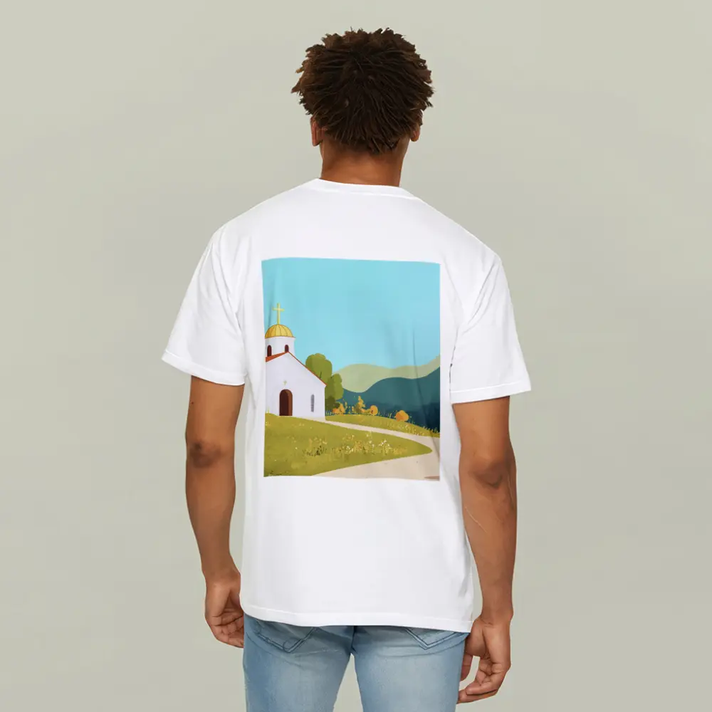 White Church Golden Domes Green Hills Illustration – T-Shirts