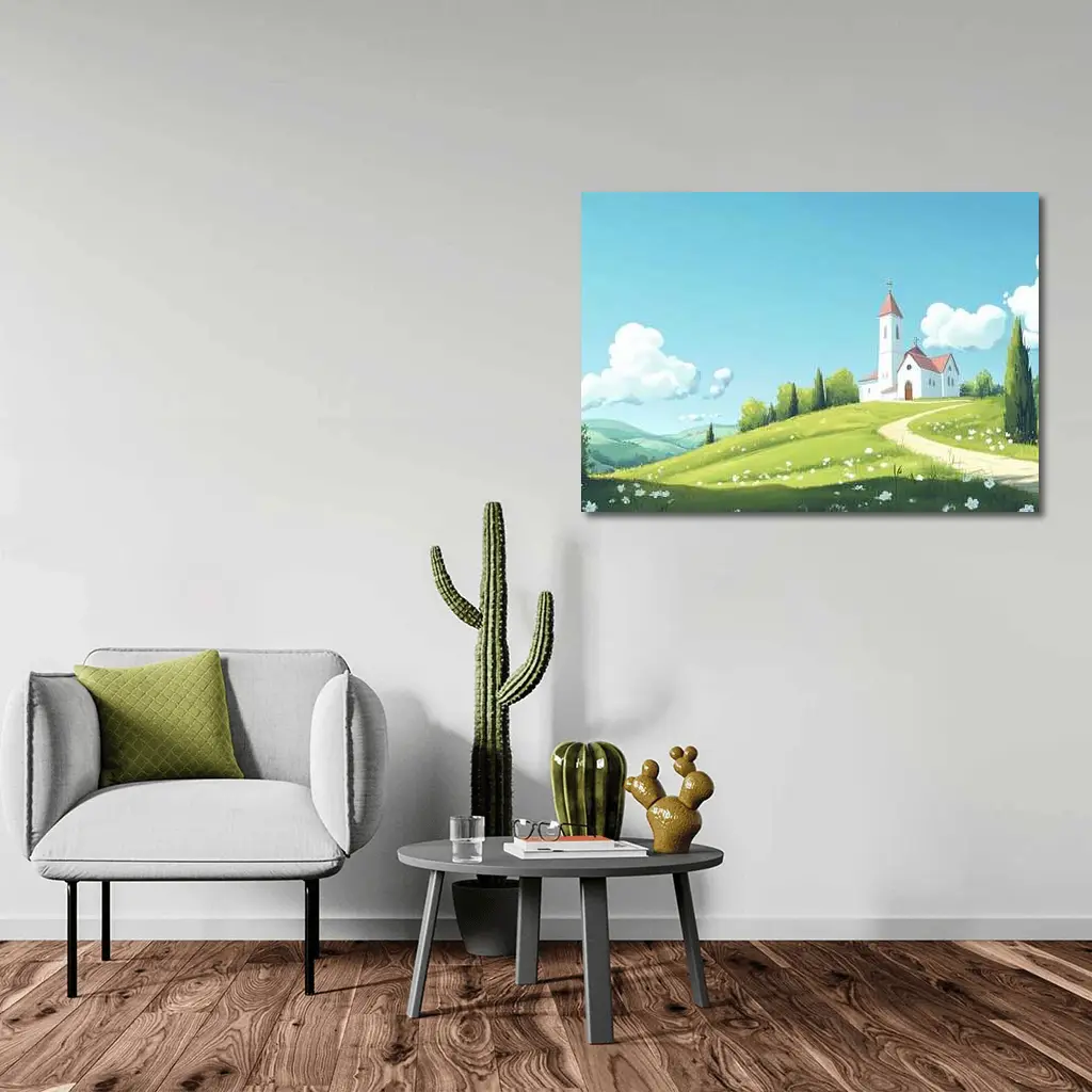 White Church on Green Hill Illustration – Wall Art