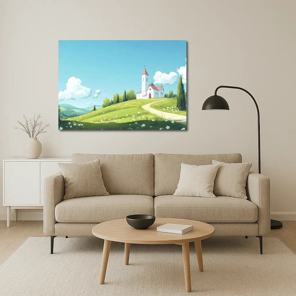 White Church on Green Hill Illustration – Wall Art