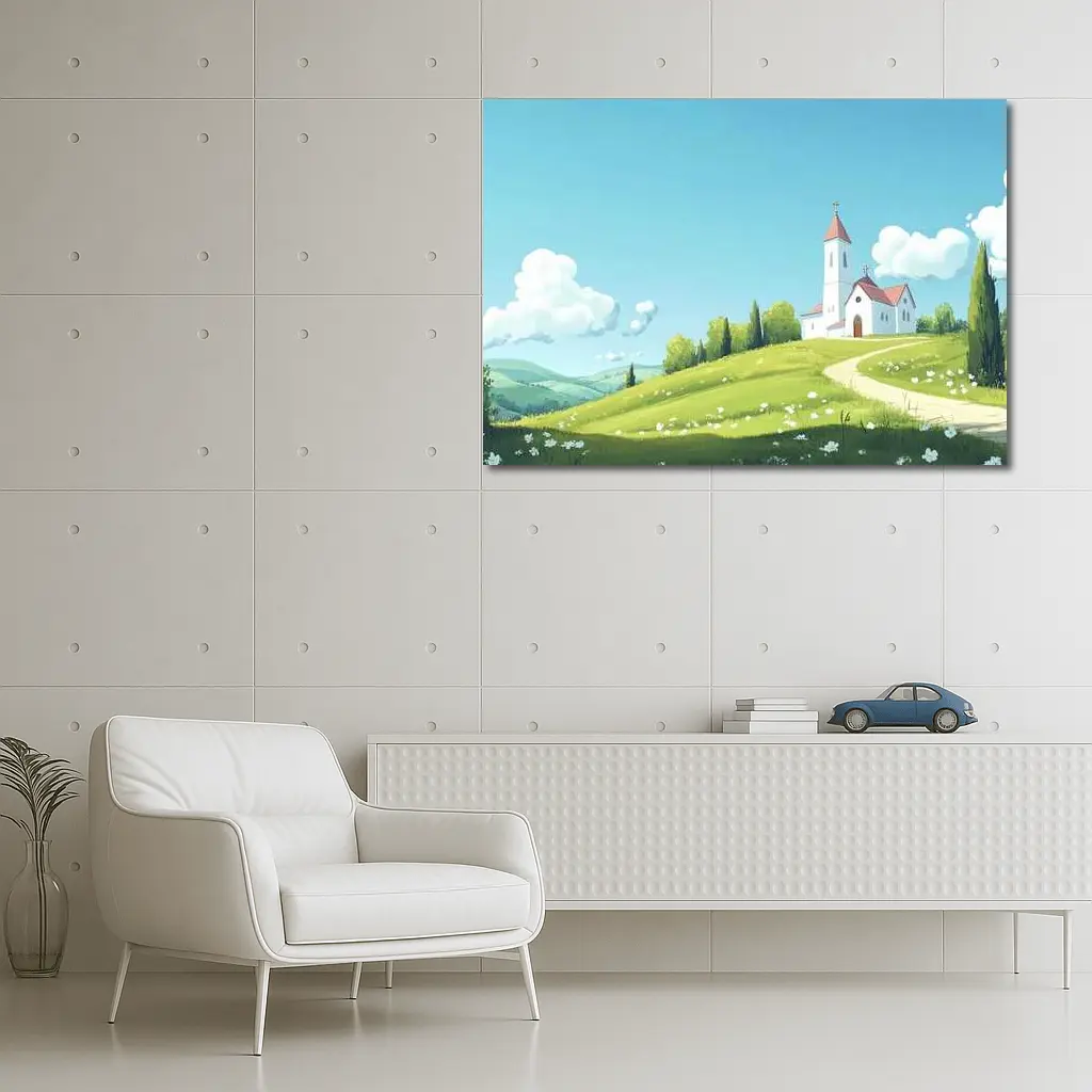White Church on Green Hill Illustration – Wall Art