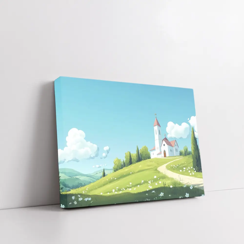 White Church on Green Hill Illustration – Wall Art