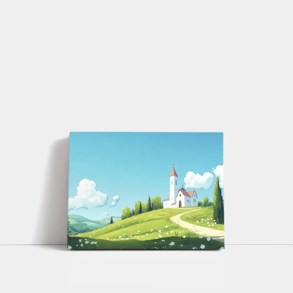 White Church on Green Hill Illustration – Wall Art