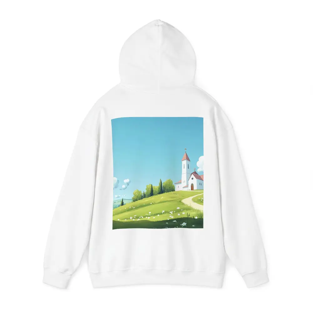 White Church on Green Hill Illustration – Hoodies
