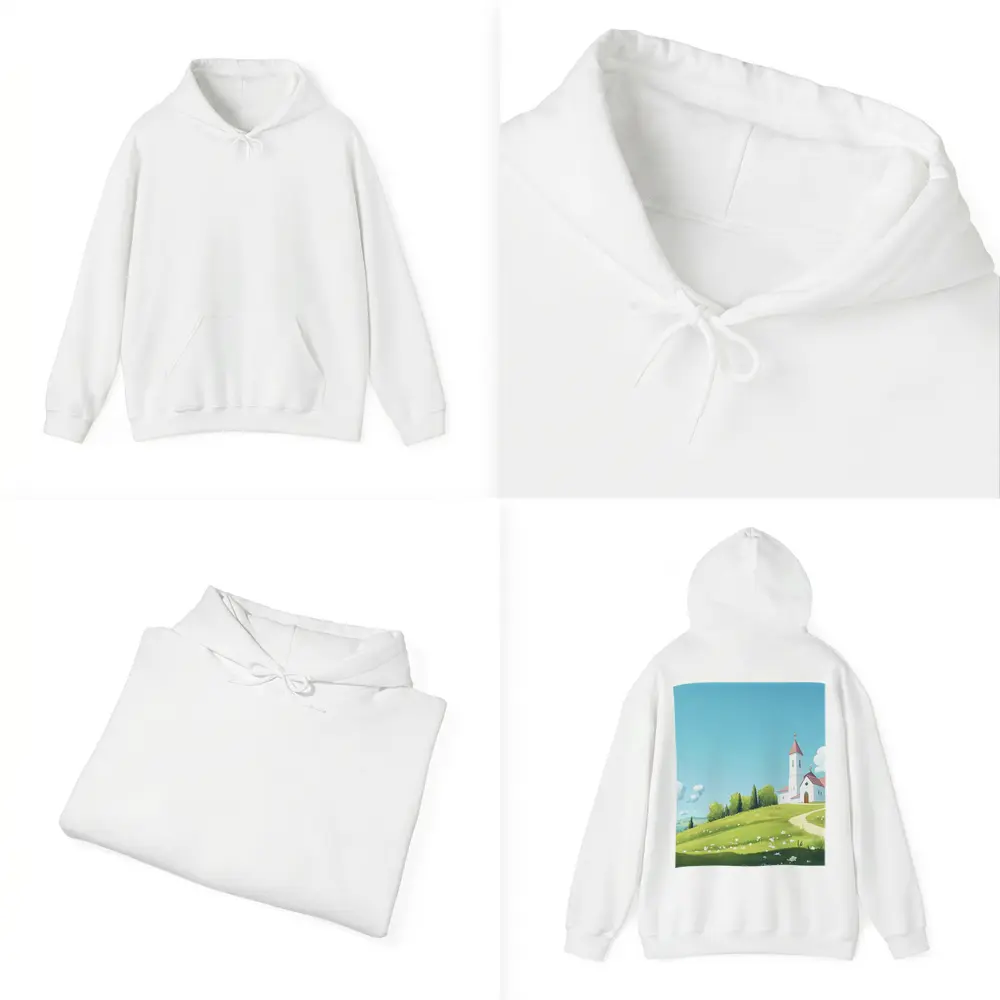 White Church on Green Hill Illustration – Hoodies