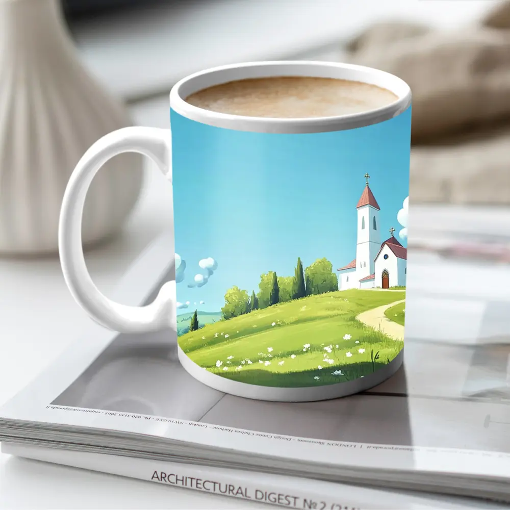 White Church on Green Hill Illustration – Mugs