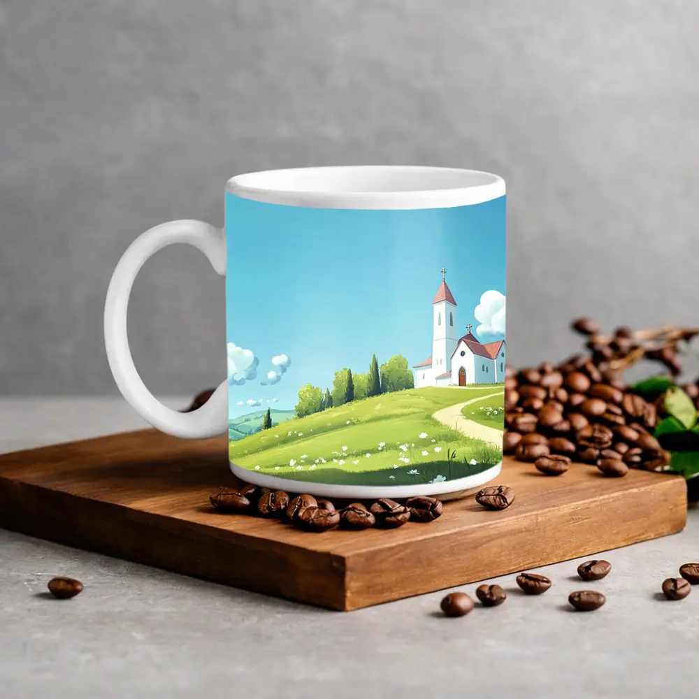 White Church on Green Hill Illustration – Mugs