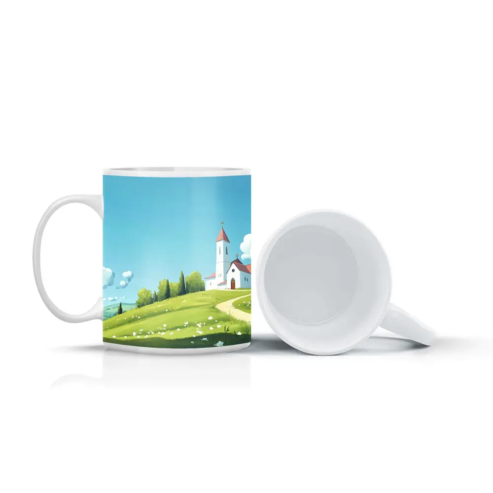 White Church on Green Hill Illustration – Mugs
