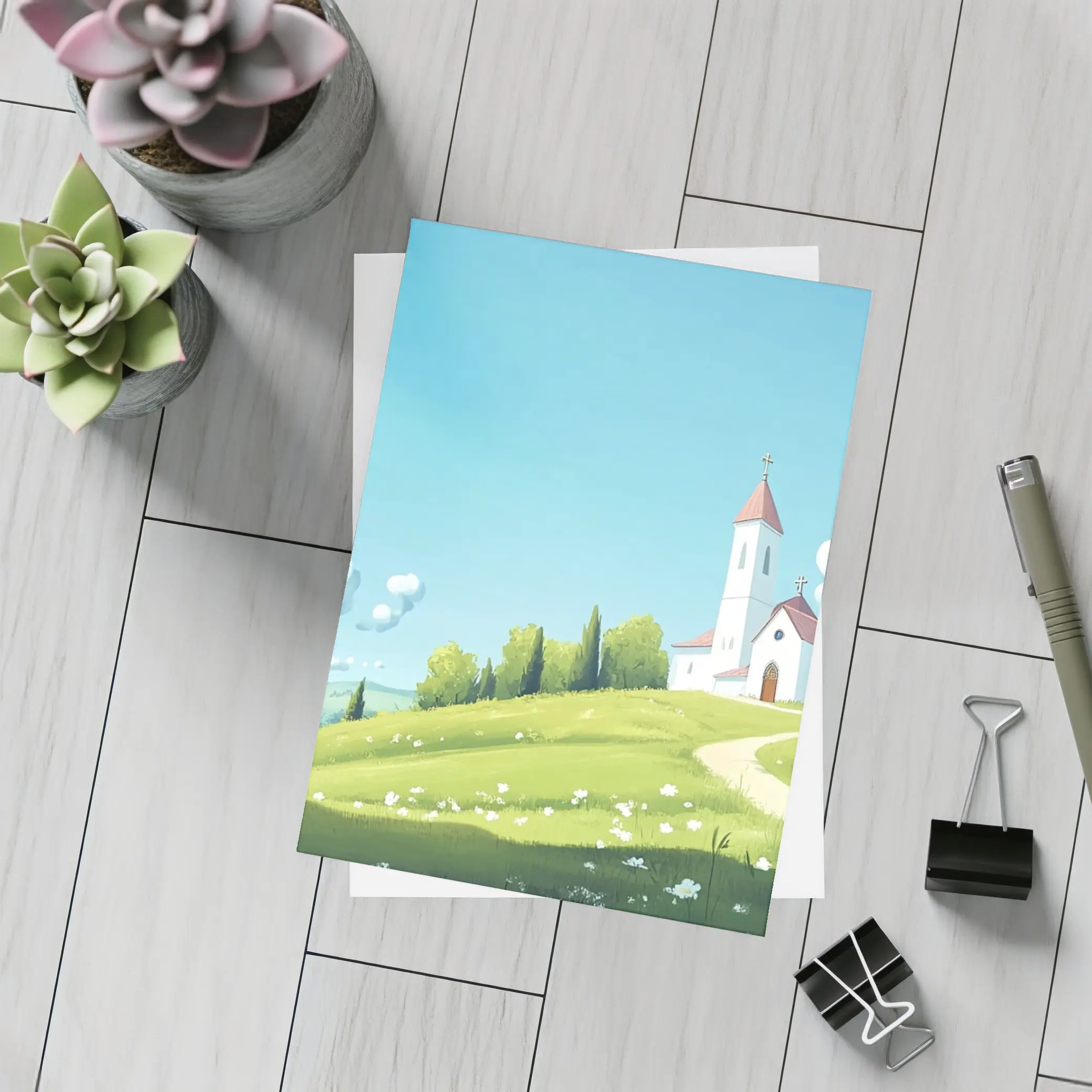 White Church on Green Hill Illustration – Postcards